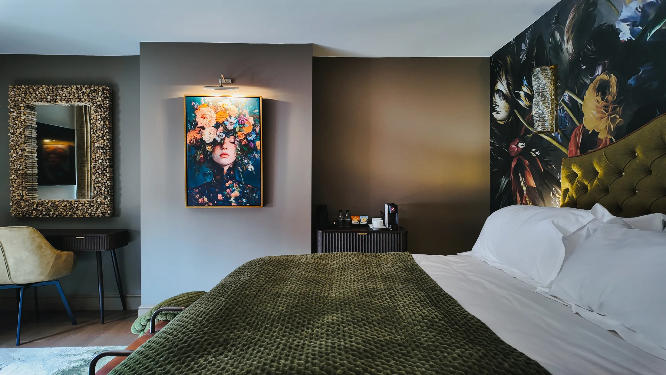 Bridge View bedroom and floral portrait